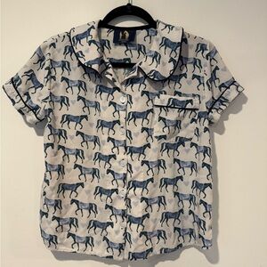 Ronner Design Equestrian Horse Short Sleeve Pajama Top Womens Size Medium Blue